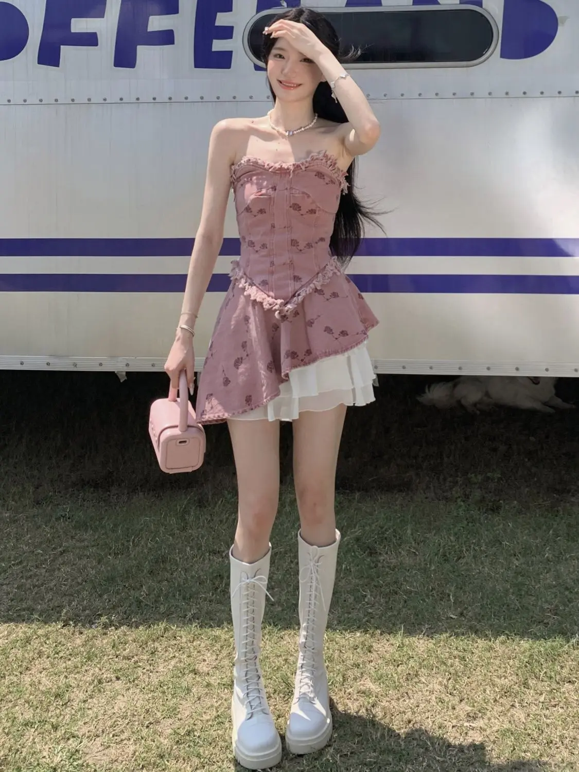 Korea Denim Two Pieces Set Sweet Patchwork 3D Flower Irregular Tops Women Y2k Aesthetic Ruffled Skirt Suit