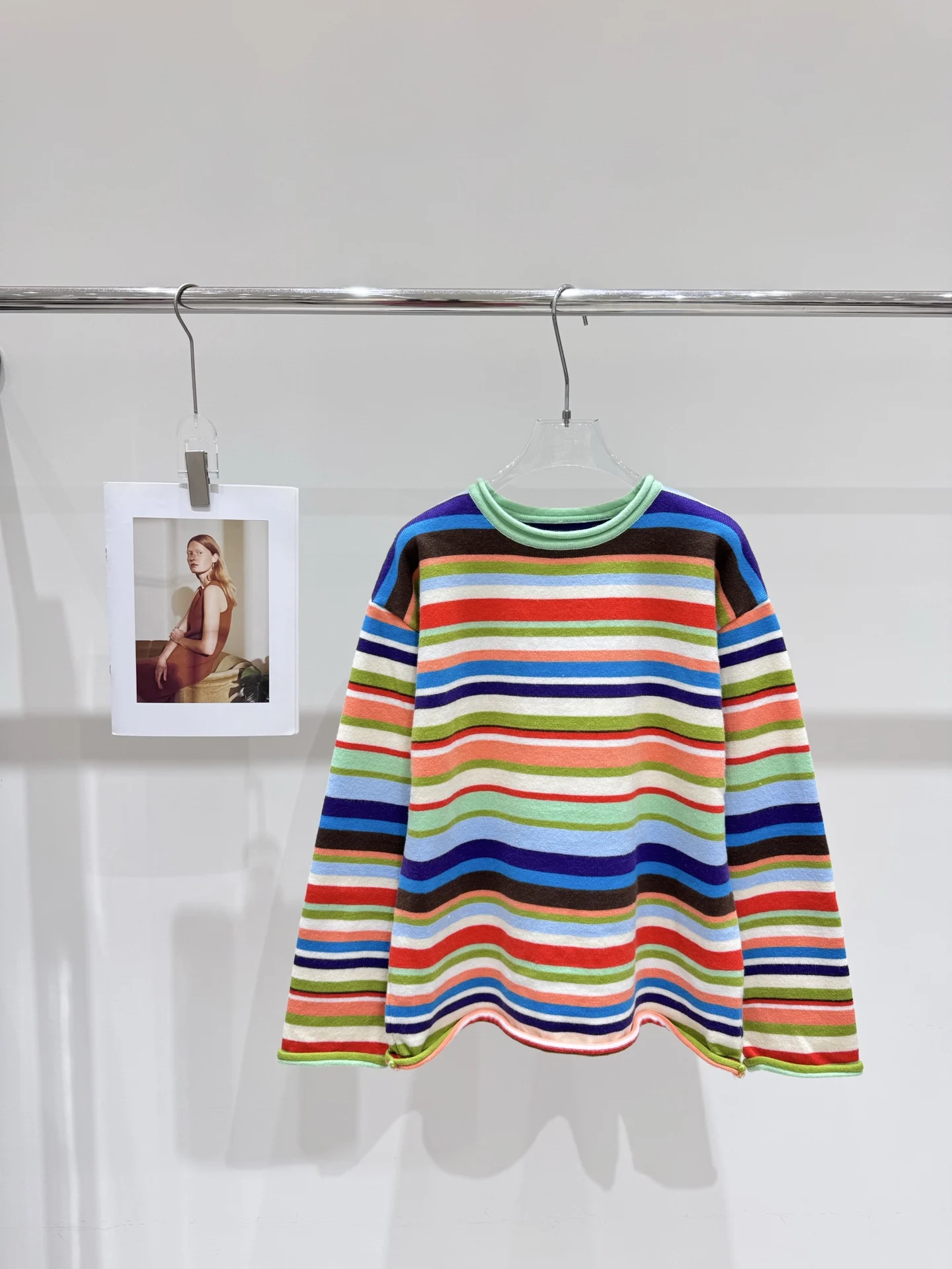 

Loose Long Sleeve Women's Knitted Rainbow Striped Color Block Sweater Women Comfortable Casual Autumn Round Neck Tops C130