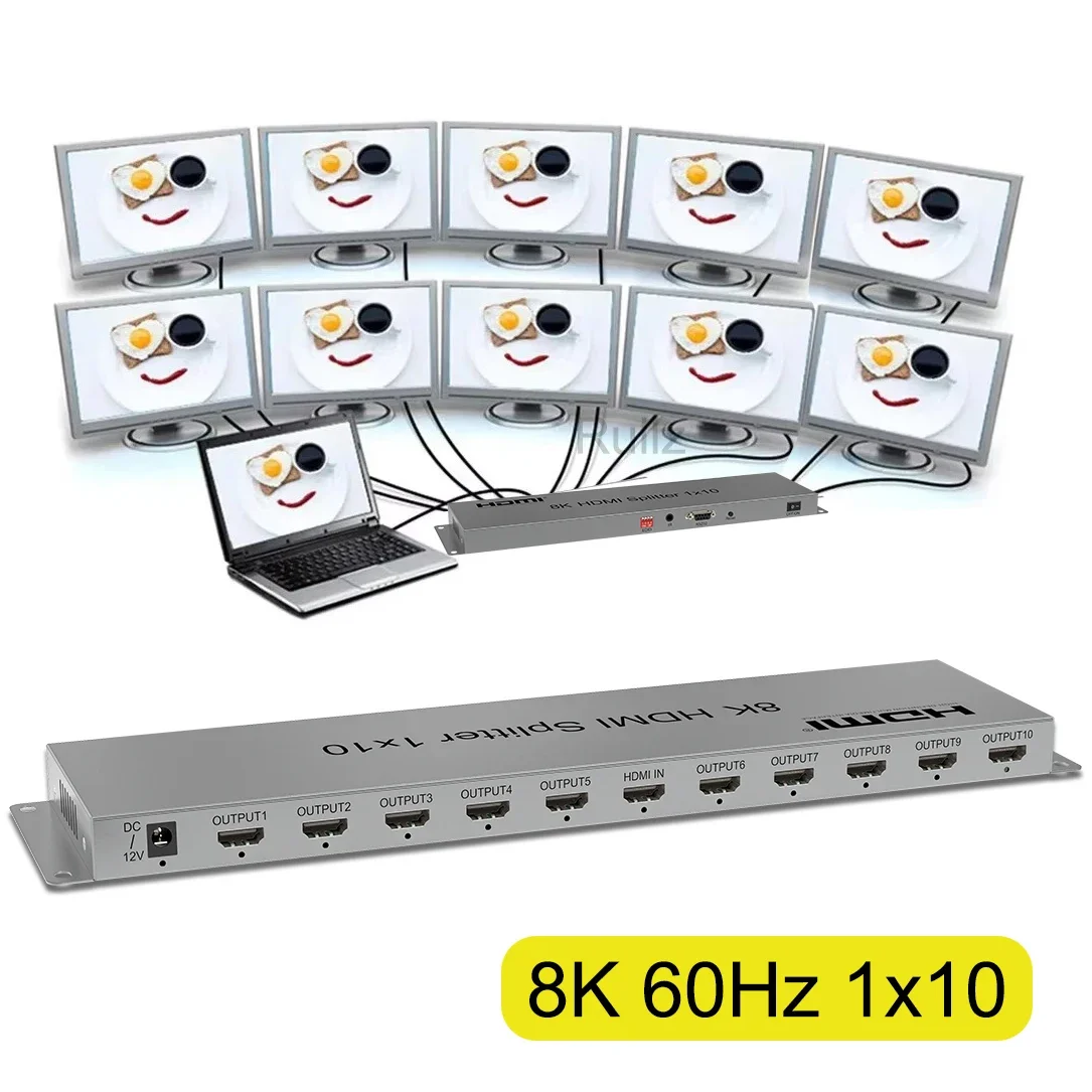 8K 60Hz 1x10 HDMI Splitter 1 in 10 Out Display Multi Screen Distributor Audio Video Converter 3D HDR for DVD PS4 Camera PC To TV