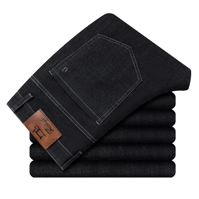 Celana Jeans Denim Stretch Kaki Lurus Warna Solid Mode Baru Musim Semi dan Musim Gugur Celana Berkualitas Tinggi Nyaman dan Longgar untuk Pria