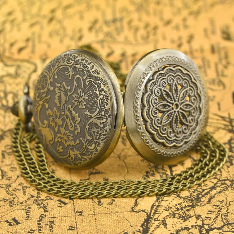 Винтажное бронзовое раскладушка, креативное резное ожерелье с цветком и вырезом, кварцевые карманные часы, модные универсальные студенческие мужские и женские часы