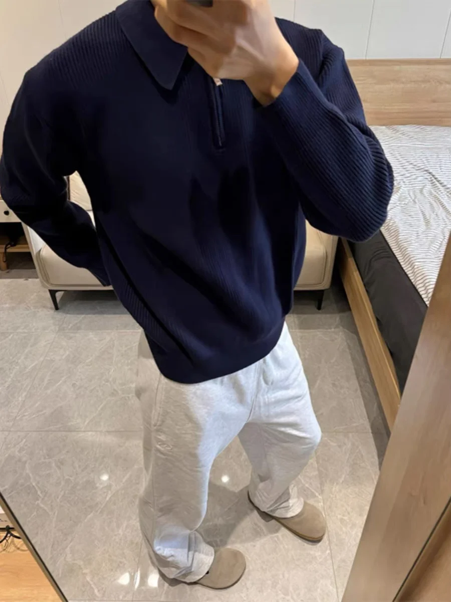 سترة رجالية محبوكة بنمط أمريكي شبه سحابي، ملابس تريكو بياقة بولو غير رسمية عتيقة للخريف والشتاء، لون أزرق غامق