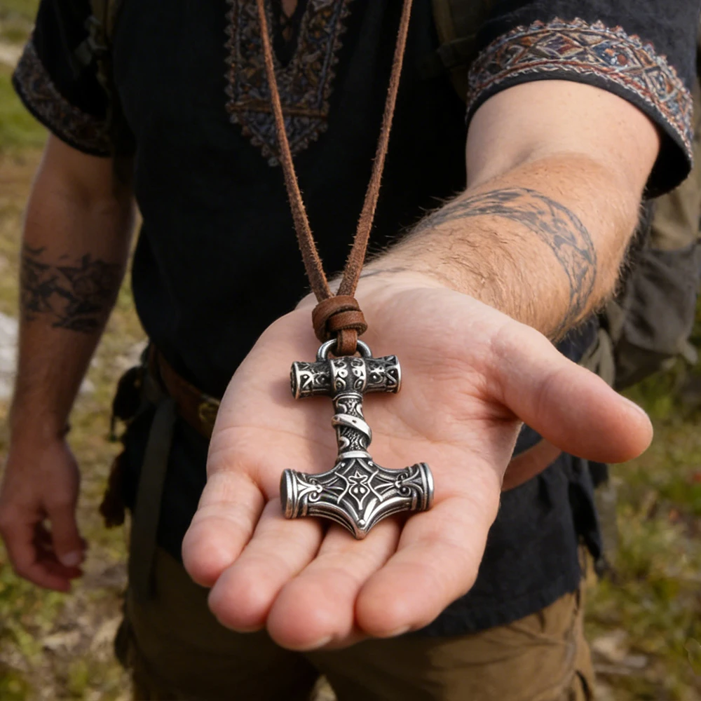 New Men's Pendant Set Personalized Thor Hammer Dominant Byzantine Chain Titanium Steel JewelryNecklace Men's Amulet Jewelry Gift