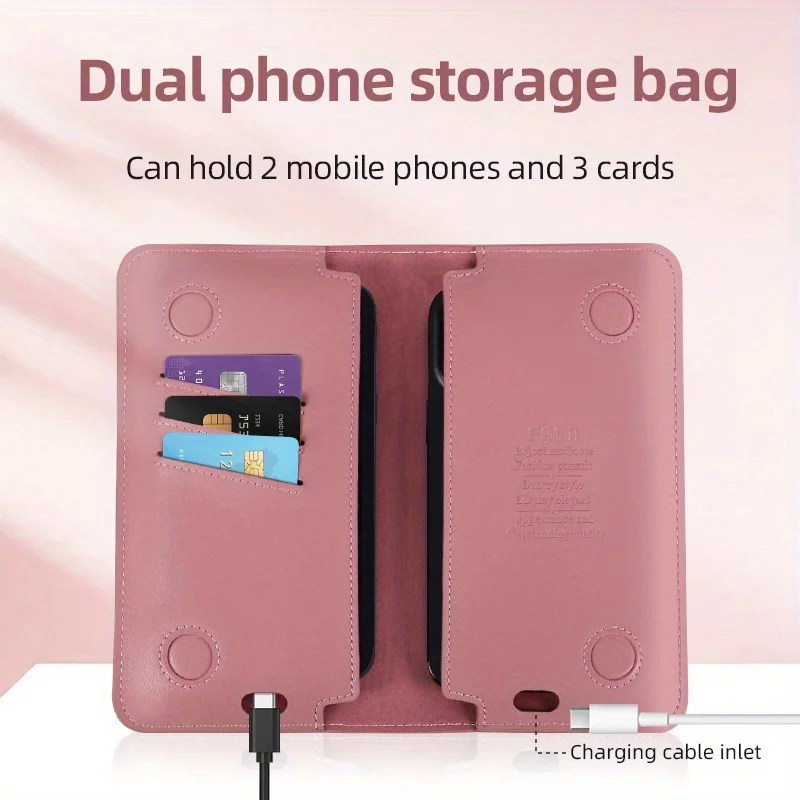 Long-style large-capacity wallet with dual phone compartments, accommodates various phone case sizes. Holds phones, cash, passpo