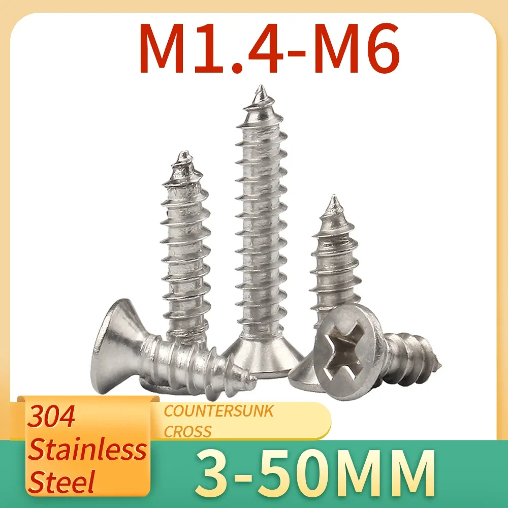 10-50pcs M1-M8 Cross Recessed Countersunk Flat Head Self-tapping Screws Wood Screw 304 Stainless Steel