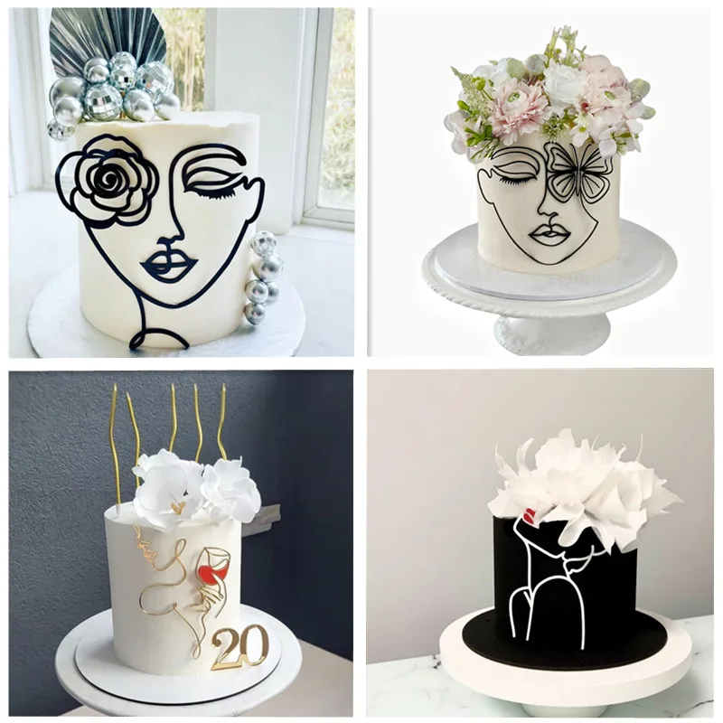 New Line GirlHappy Birthday Cake Topper Decoration Gold Acrylic Abstract Art for Wedding Girl Party Cake Topper Baking Supplies