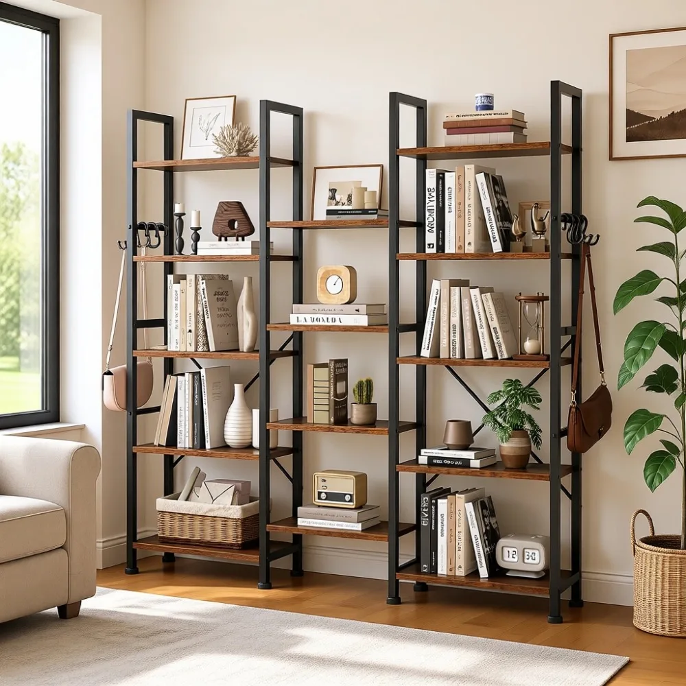 Triple 5 Tier Bookshelf: Wide Industrial Style Book Case for Living Room and Office, 14 Shelves, Rustic Brown