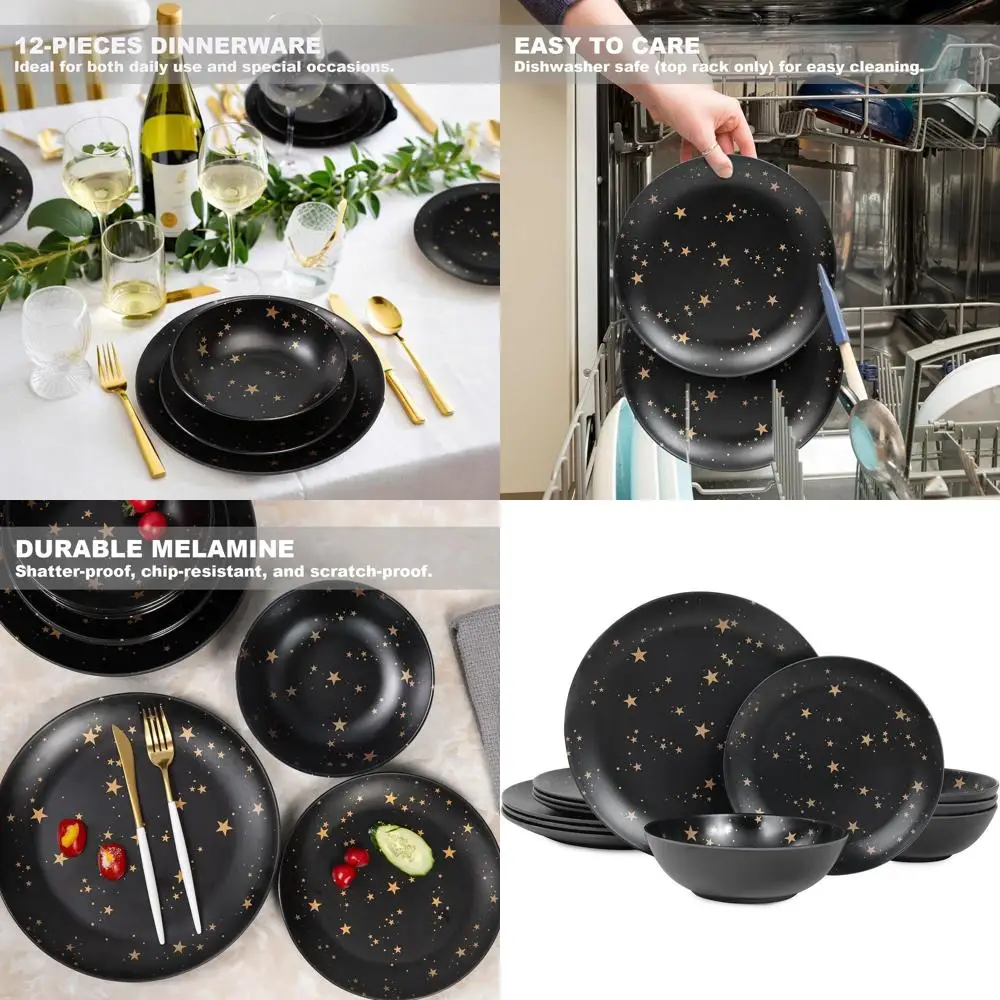 

Наборы посуды из черного меламина — 12 предметов: тарелки и миски, небьющийся набор для кемпинга или использования в помещении и на улице, не требующий покрытия