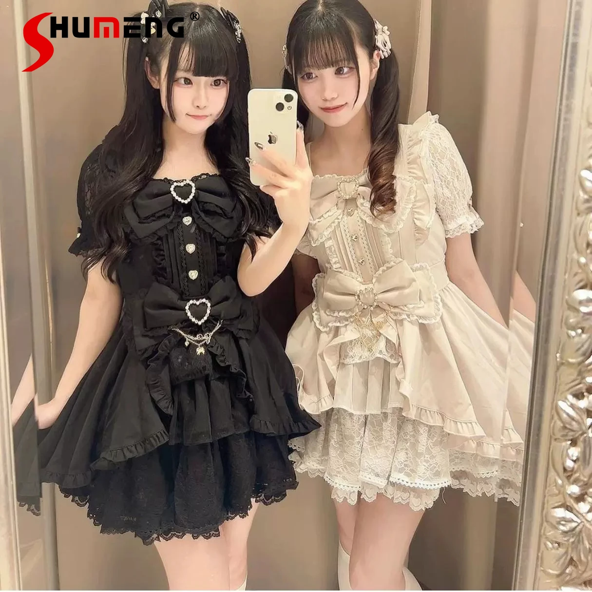 Japanese Style Liz Cute Bow Short Sleeve Slim Lolita Cake Dress Culottes Set Spring Summer Women Girls Sweet Shorts Set Outfits