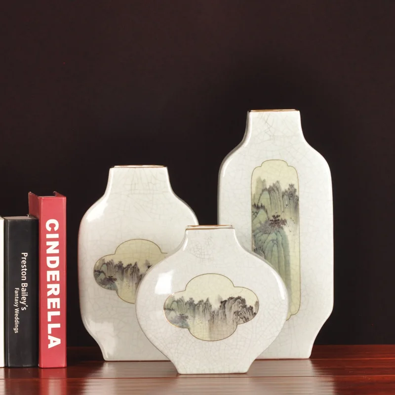 Chinese ceramic vase bookcase decoration ceramic ornament vase winter melon flat bottle home vase  ikebana vase  home decor vase