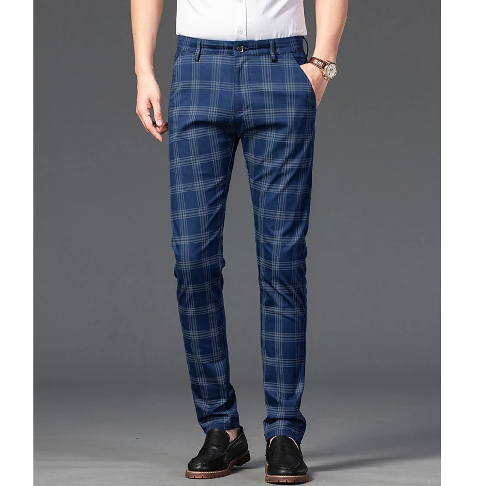 

2023 New Summer Men Pants High Quality Plaid Cotton Work Stretch Pants Fashion Business Slim Fit Blue Khaki Black Pants