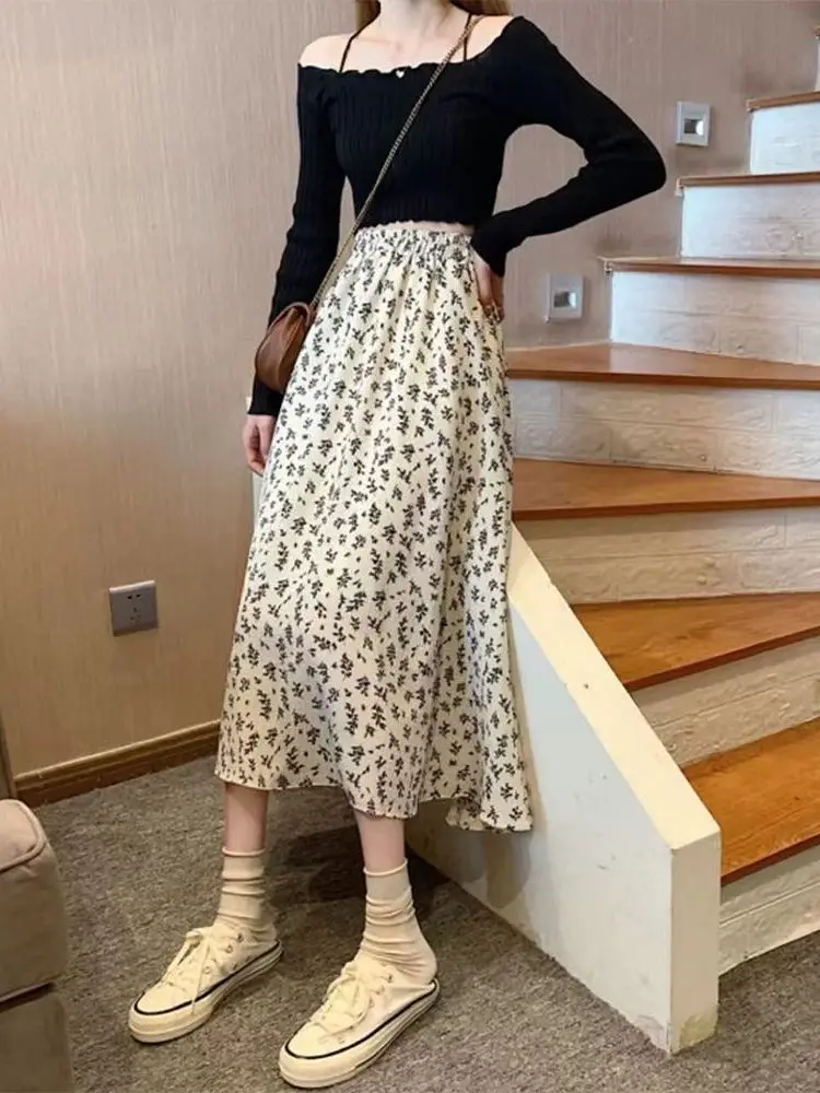 Spódnica midi w kwiatowy wzór plus size, rozkloszowana, wyszczuplająca, zakrywająca biodra, wiosenno-jesienna, damska, codzienna, z wysokim stanem, z włókna poliestrowego.