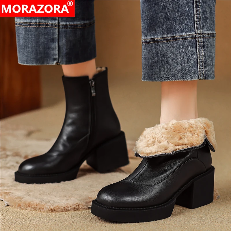 

MORAZORA 2026 New Genuine Leather Wool Boots Zipper Square High Heels Snow Boots Women Black Brown Ladies Ankle Booties