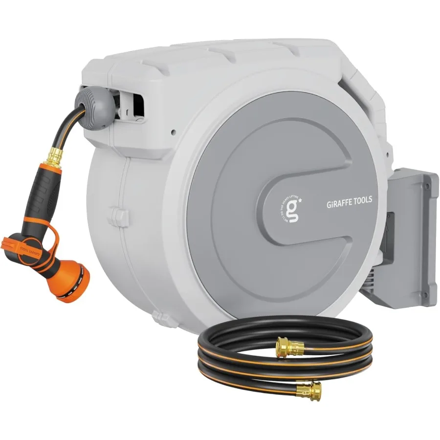 

Heavy Duty Retractable Garden Hose Reel 1 2 Inch 130 FT Wall Mounted with 9 Pattern Nozzle and Detachable Leader Hose 180 Swive