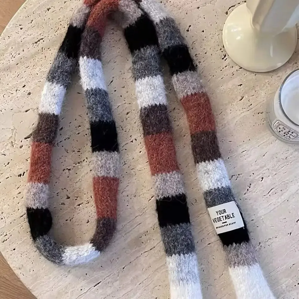 Y2K Striped Scarf Knitted Wool With Warm Color Splicing Contrast Sausage Thin Scarf Rainbow Color Scarf Winter