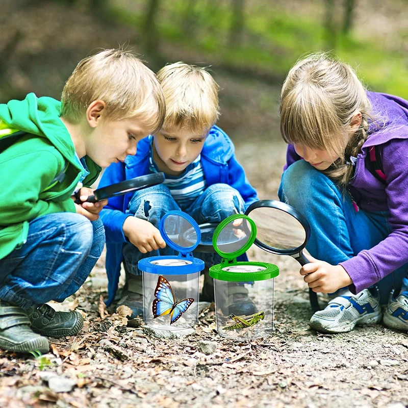 Caja de observación de insectos portátil para niños, tapa abatible, lupa bidireccional, taza de observación, regalos de plástico para niños, escuela