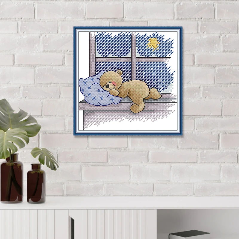 Bear Sleeping On Windowsill Counted Cross Stitch Kits DIY DMC Handmade 11CT 14CT Stamped Embroidery Needlework Home Decor Gifts