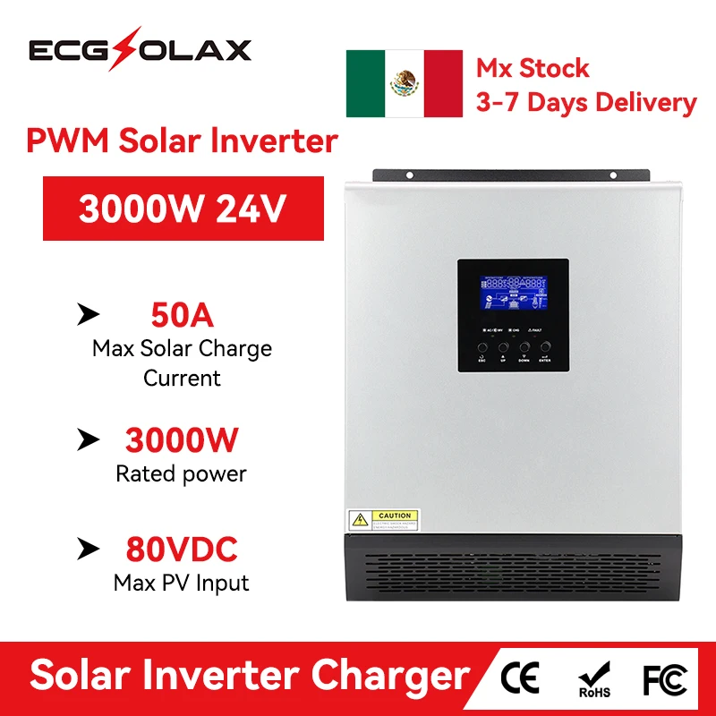 ECGSOLAX 3000VA 2400W Solar Hybrid Inverter 24V 110V With PWM 50A Charging Controller Off-grid Solar Inverter 120V Max PV 80VDC