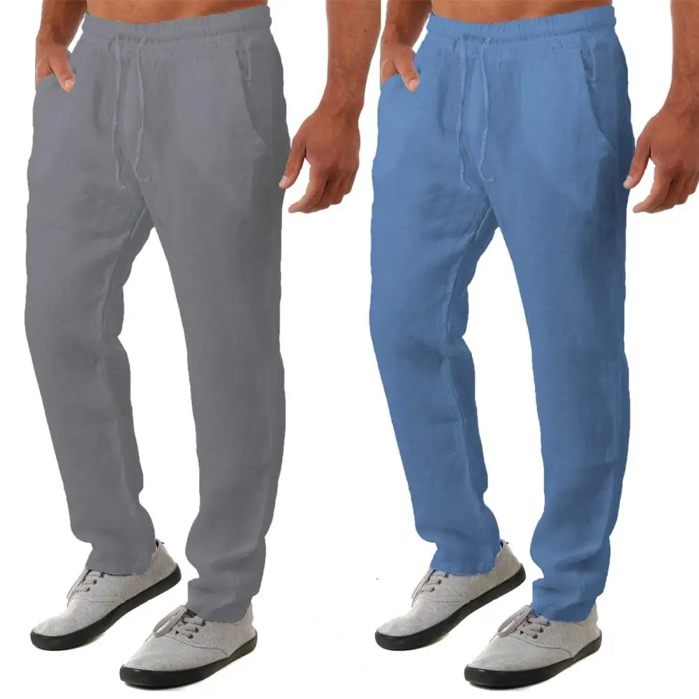 

Men Pants Mid-rise Elastic Waistband Drawstring Casual Pants Pockets Wide Leg Summer Sweatpants Hip Hop Long Trousers Streetwear