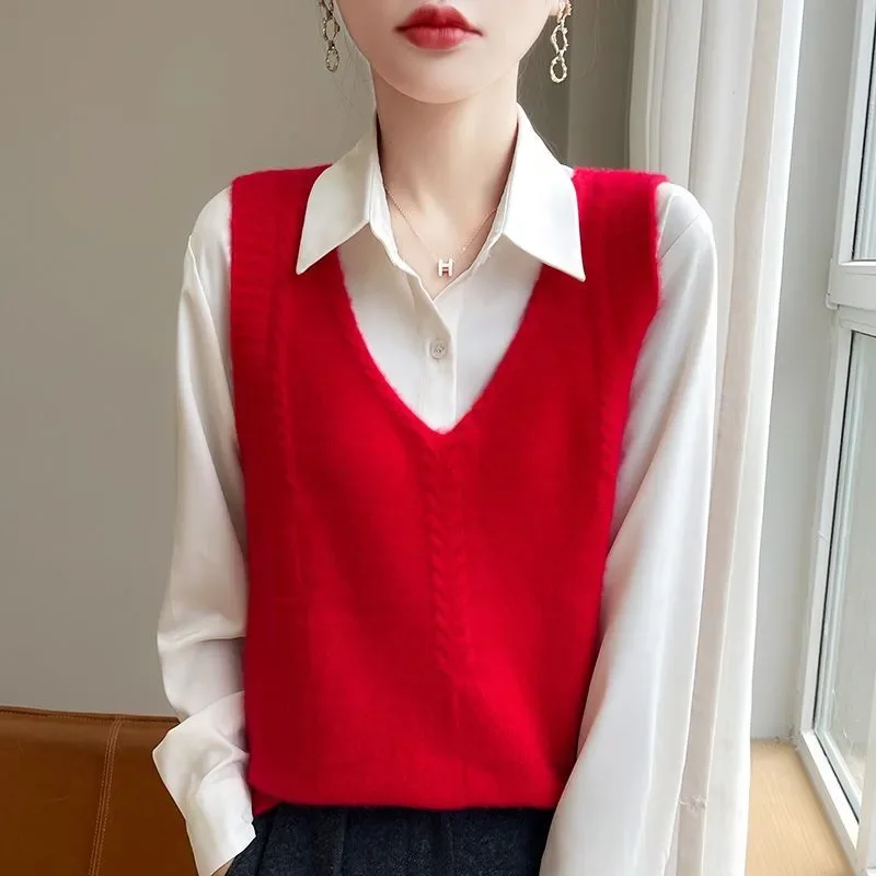 Women V Neck Wool Knit Vest Sleeveless Sweater Loose Outerwear Waistcoat Versatile Layering Autumn Winter Casual Tops