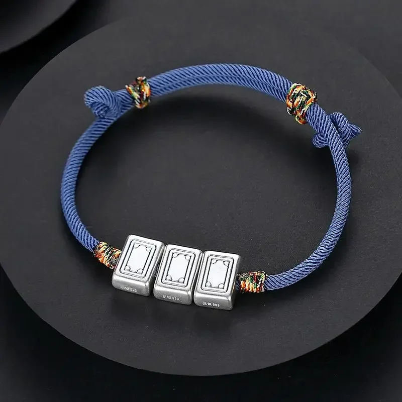 999 Sterling Silver Mahjong Bracelet Men And Women's Fortune Red Medium White Board Southeast Northwest Jewelry Woven Hand Rope