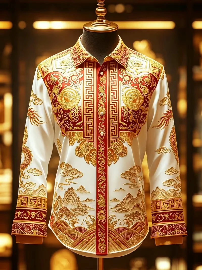 New color blocking leader shirt, beige satin fine mesh gradient black gold feather art print men's long sleeved shirt