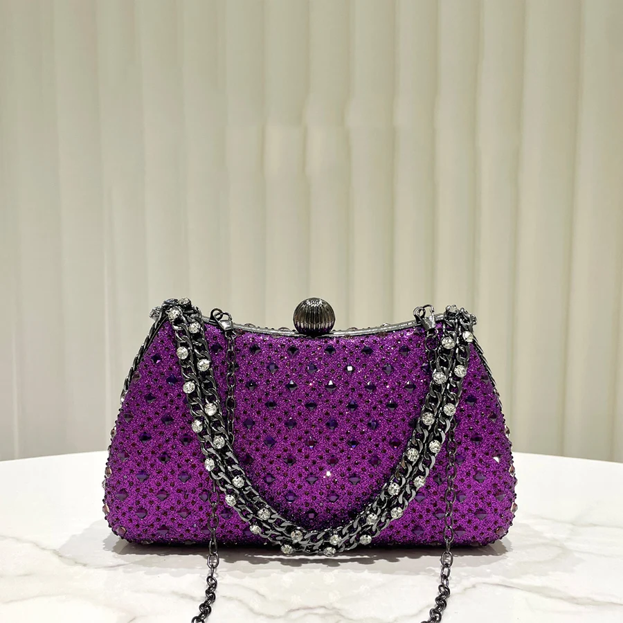 Fine Rhinestone Diamond Inlay Dinner Evening Bag Retro Luxury Purple Small Clutch For Women Wedding Party Shoulder Bag Bolsa Sac