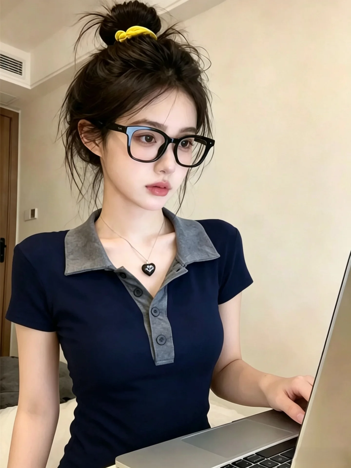 Summer Women's Slim Fit  Shirt Short Sleeve 95 Cotton Waist Cinched Collared T-Shirt Big Size Flattering Casual Top