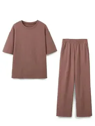 TRAFZA Women Vintage Solid Shirts Pant Sets O Neck Short Sleeve Shirts Top + Elastic Waist Loose Trousers Spring Commuting Suit