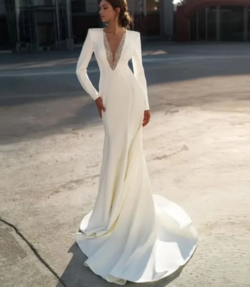 Othray Long Sleeves Satin Bridal Gown Sweep Train Beach Robe De Mariee Elegant Beaded V Neck White Mermaid Wedding Dresses