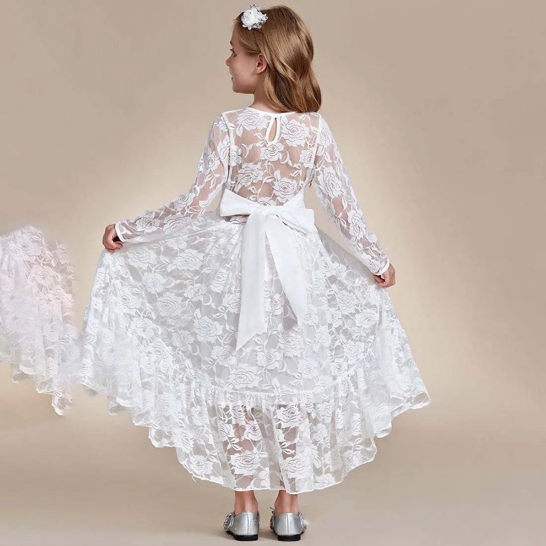 YZYmanualroom Elegant Lace Long-Sleeve Flower Girl Dress with Round Neckline 2-15T