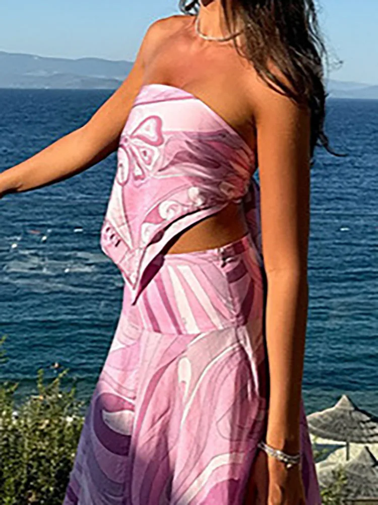 

Irregular Backless Tank Top High Waist Skirts Set Summer Vacation Outfit Sleeveless Printed Two Pieces Set Women's Skirt Suit