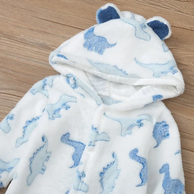 Unisex Baby Jumpsuit Winter Thickened Dinosaur Printed Standing Ear Hooded Romper Cute Padded Newborn Outwear Clothing