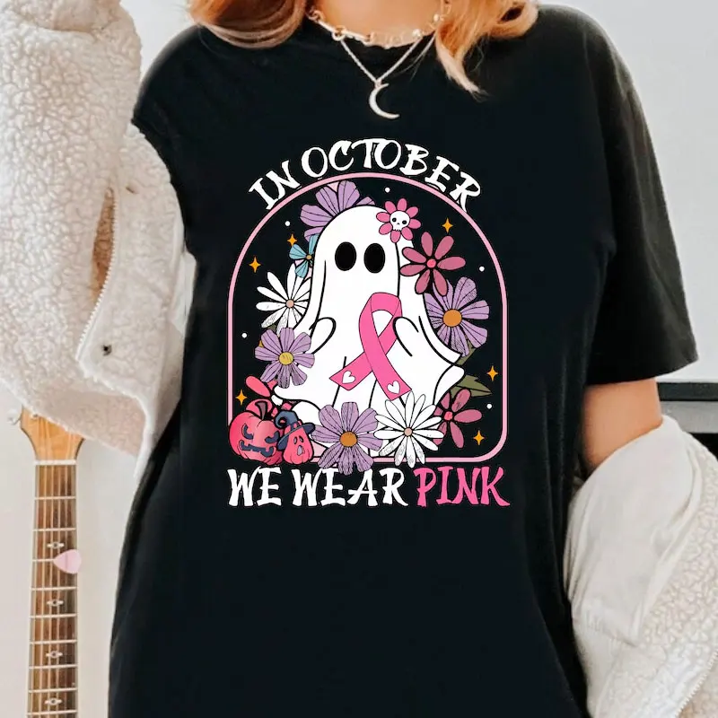 In October We Wear Pink Print Shirts Ghost Coquette Bow Retro Fall Pumpkin Bow Halloween Cute Pink Ghost Breast Cancer Awareness