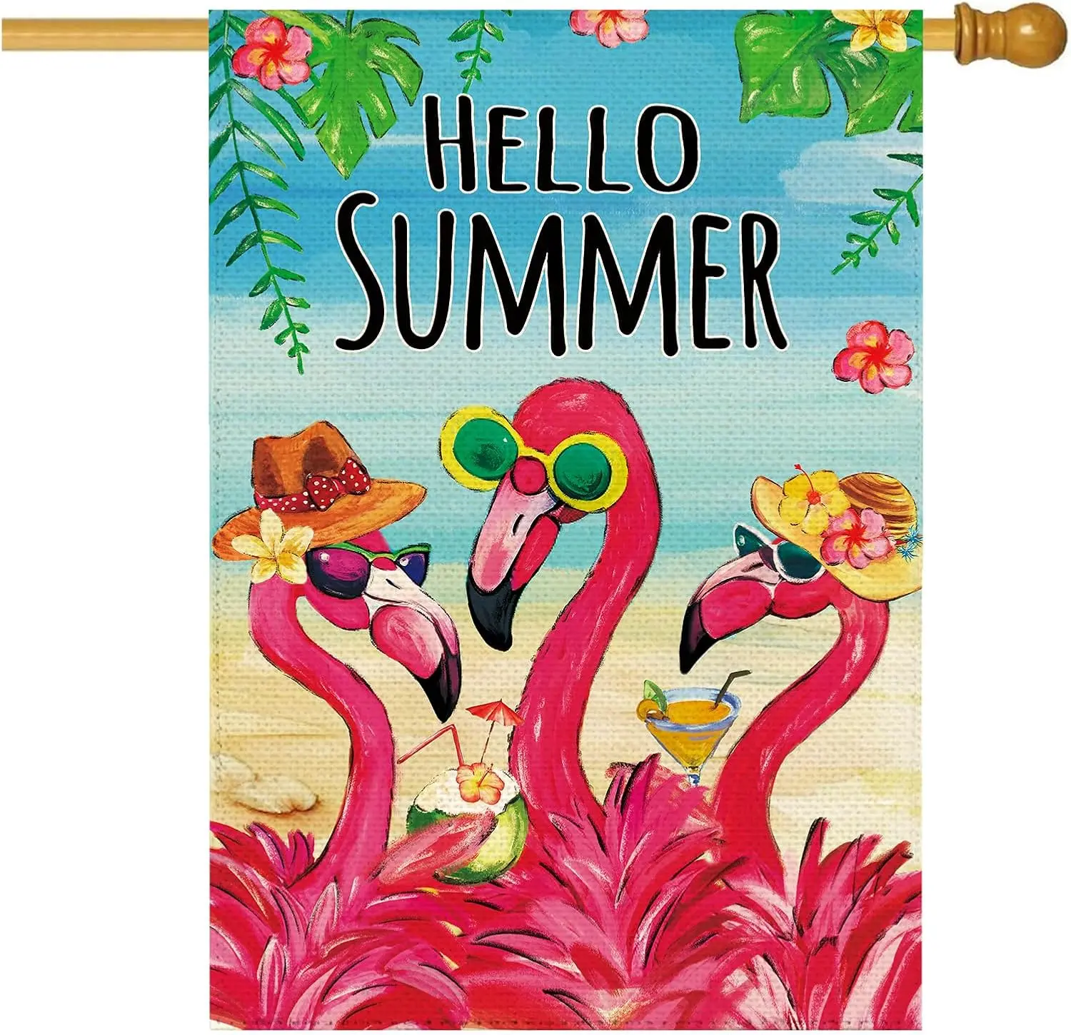 Hello Summer Flamingo Welcome Garden Flag 28 x 40 Inch Double Sided, Ocean Beach Tropical Plant Farmhouse Burlap Large Yard jjp