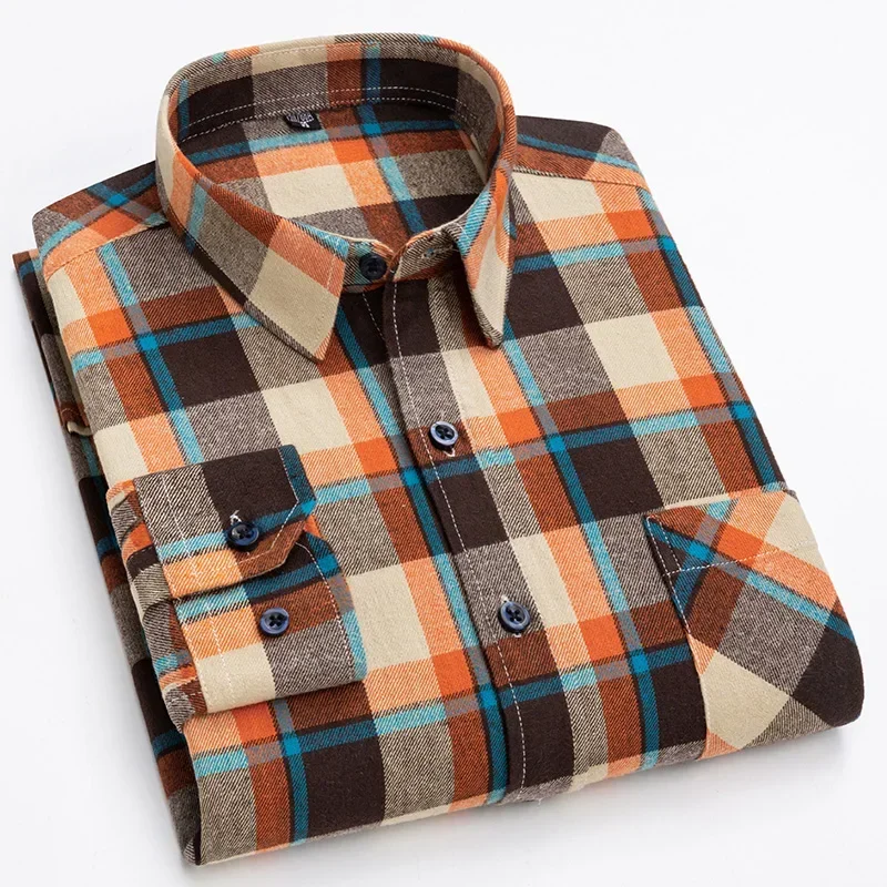 

Shirts for Men Luxury 100% Cotton 4XL Men's Long Sleeve Shirt Brushed Plaid Fashion Casual Autumn Winter Soft Comfortable Pocket