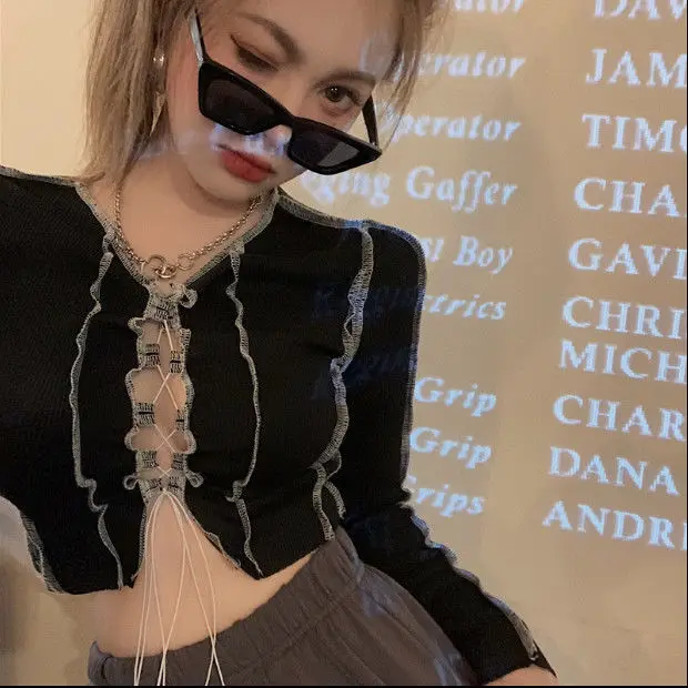 Black Sexy Front Bow Tied Shirt Women Fashion Y2K Crop Tops Ruffle Long sleeve Tee Basic Shirts and Blouses Clothing Brand