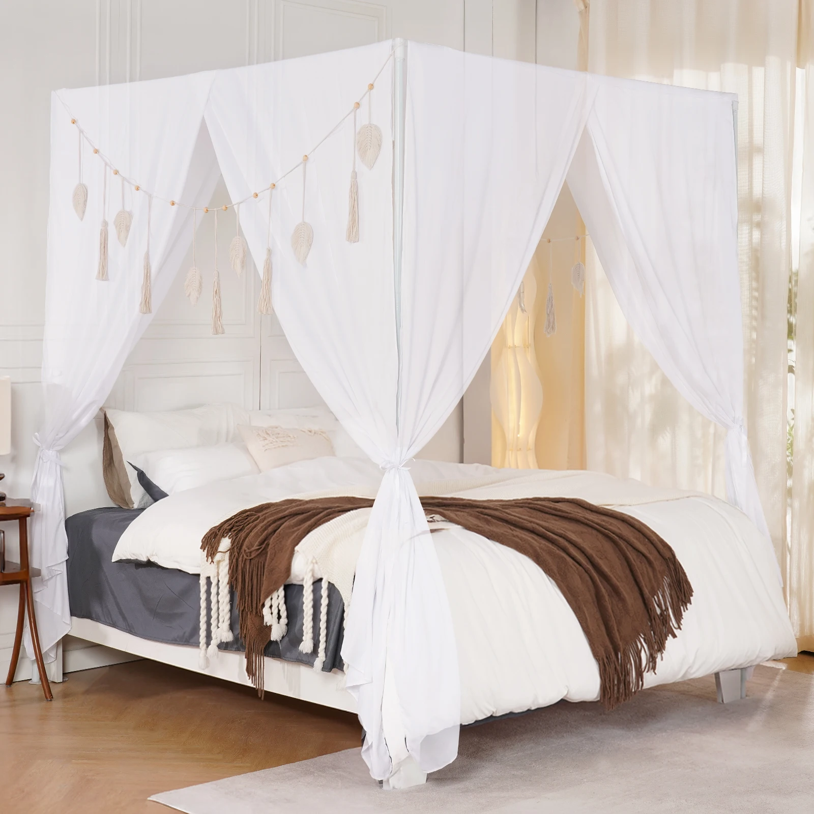 

4Openings Canopy Bed Curtains with Boho Tassel Bed Canopies & Drapes Princess Bed Canopy Curtain for Romantic Bedroom Decor