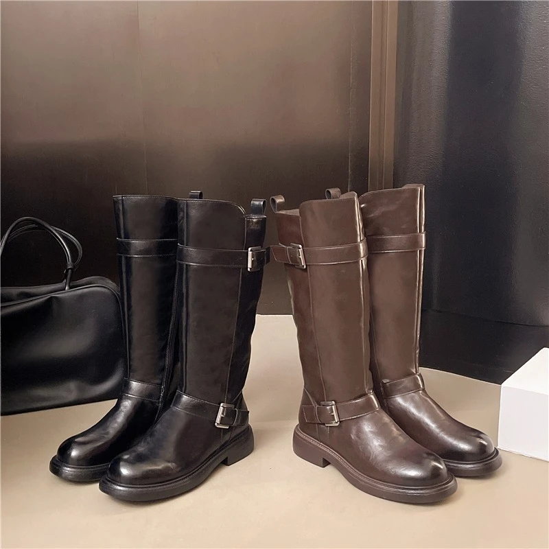 Autumn New Round Toe Soft Sole Anti-Slip Wear-Resistant Single Boots Belt Buckle Side Zipper Mid-Tube Boots