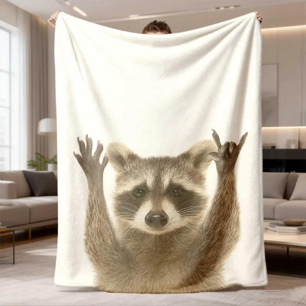 Throw Blanket Funny Raccoon Lifting Paws Print Cute Animal Design Soft Cozy Wrap For Pet Lover Bedroom And Playful Home Decor