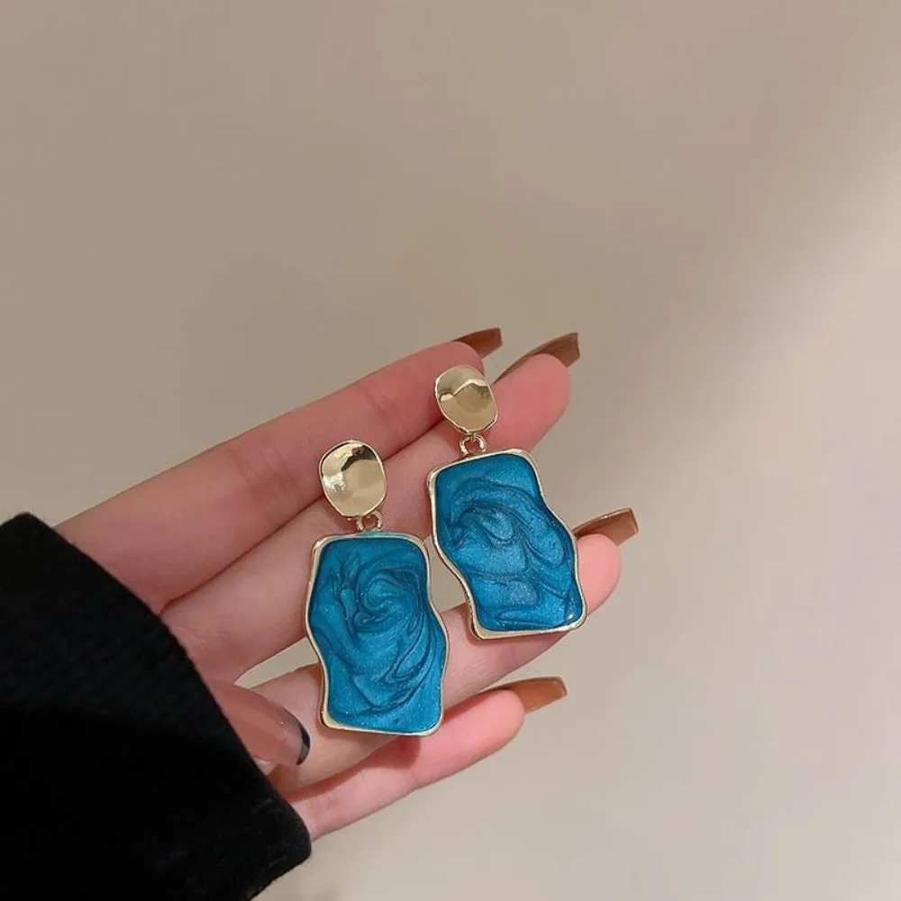Korean Temperament Klein Blue Irregular Geometric Square Flowers Heart Shape Dangle Earrings for Women Fashion Designer Jewelry