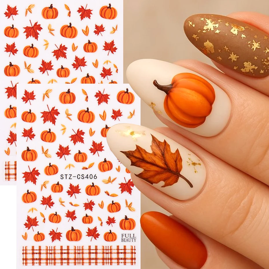 2 Stück Niedliche Kürbis-Nagelaufkleber Herbst-Ahornblatt-Karo-Klebefolien Herbst-Thanksgiving-Nageldesign-Zubehör
