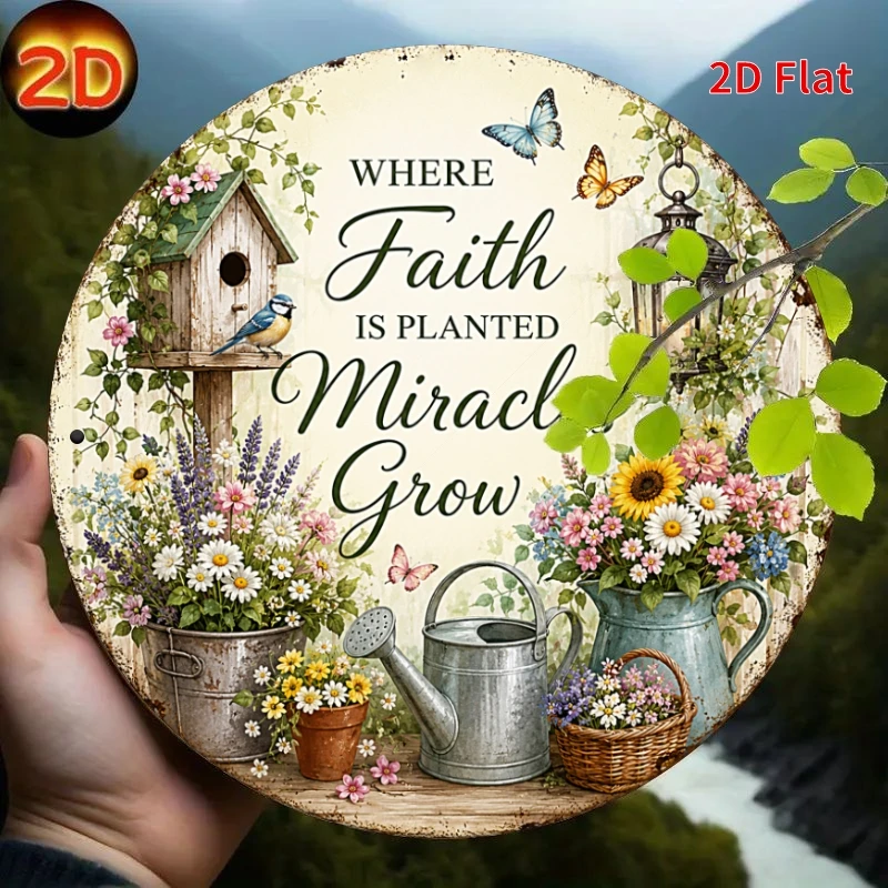 2D Flat, Decorative Sign 2D Flat - [2Dflat], 1pc 7.87X7.87inch- Faith Gardening Quote Metal Aluminum Tin Plaque, Where Faith Is