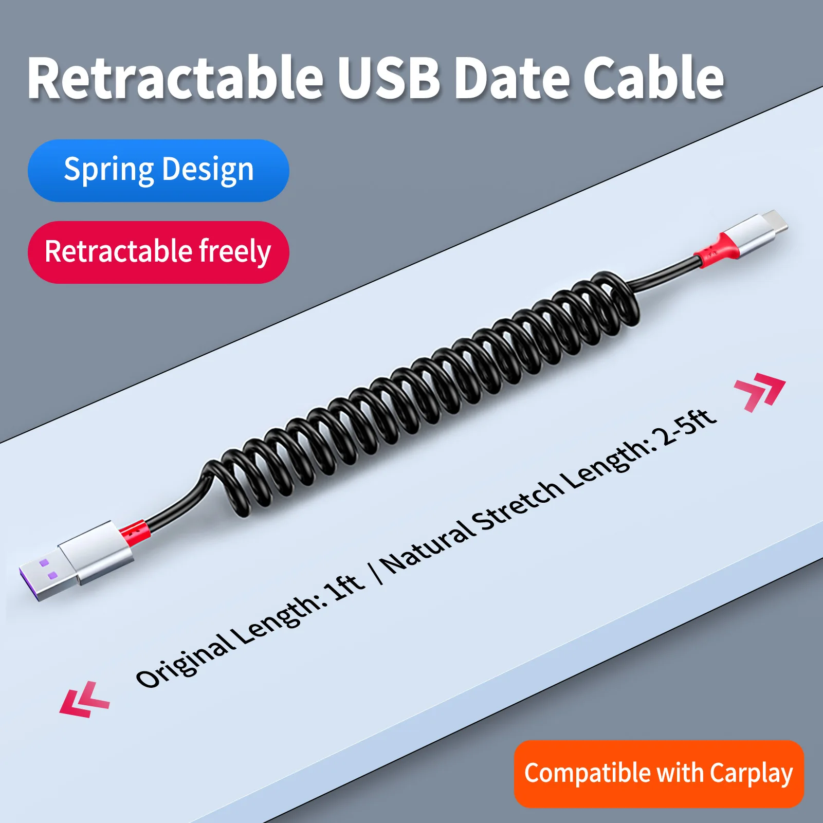 

Спиральный кабель USB C для быстрой зарядки, выдвижные пружинные кабели для передачи данных, 5 футов, совместимые с iPhone15/16 Pro Max CarPlay (USB2.0)