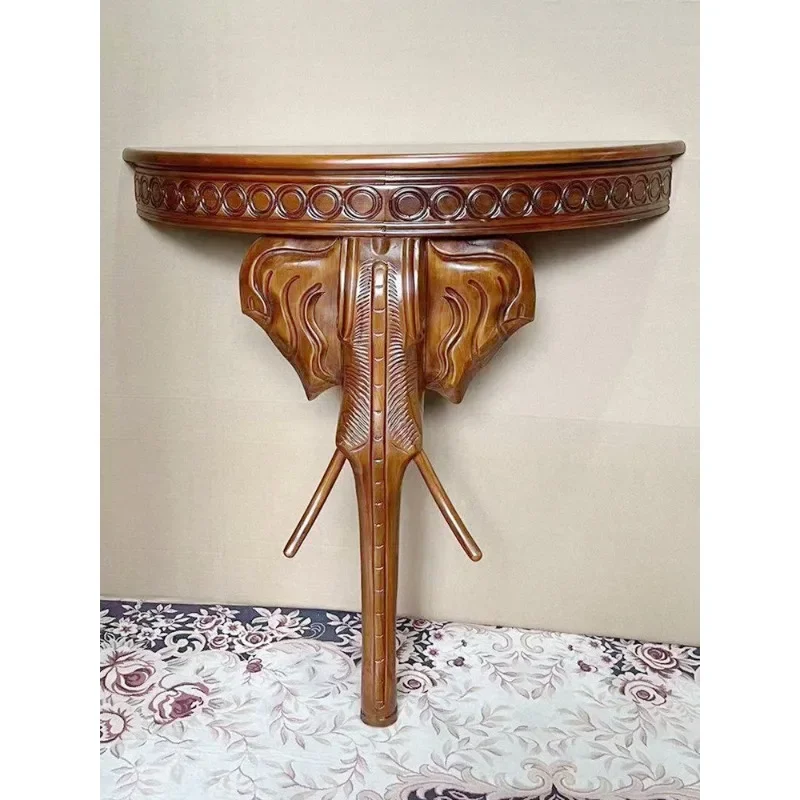 American semi-circular console table, wall table, European elephant craft, solid wood entryway, corridor entrance cabinet