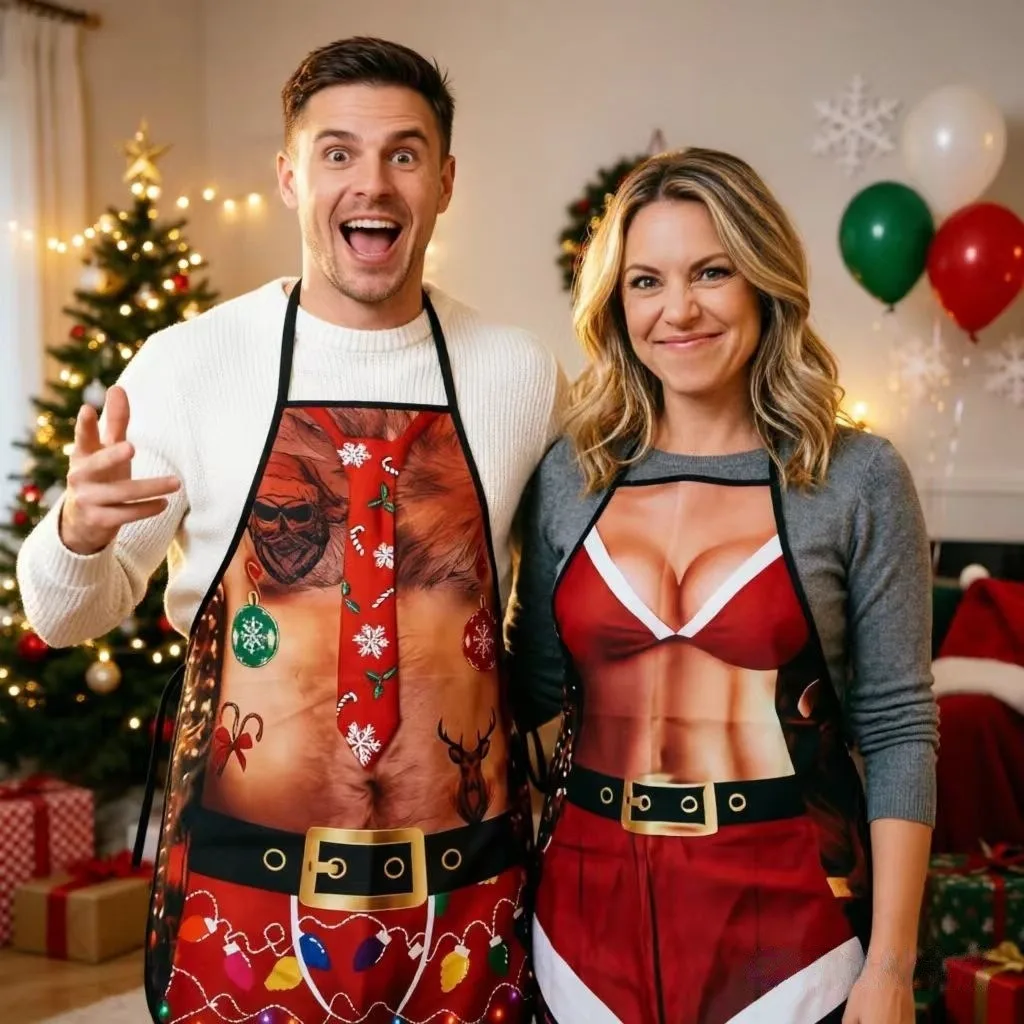 Santa Apron Novelty Muscle Printed Apron Polyester Apron Water Resistant For Holiday Gift Daily Cooking Housewarming Party