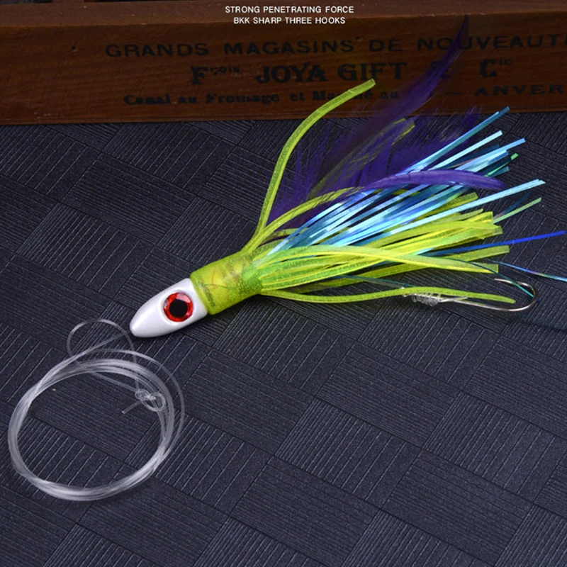 1PC Fishing Bait with Metal Head Line Squid Skirt Feather Lure Tied Up Saltwater Octopus Bait Trolling Skirt Fishing Accessories