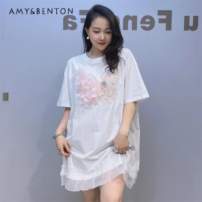 

Heavy Industry Three-Dimensional Flower T-shirt Dresses Summer New Loose Mid-Length Women's Ruffled Stitching Short Sleeves Top