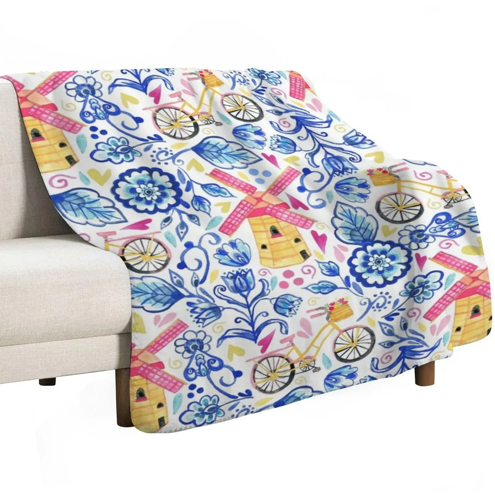 Netherlands Whimsy - Delft, Bicycles & Ornamental Windmills Throw Blanket Soft Sherpa Fleece Warm Blanket for Winter