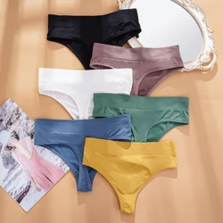 10 PCS/Lot Women's Threaded Cotton Thong Panties Sexy Solid Color Seamless Mid Waist Female Intimate Underwear G-String